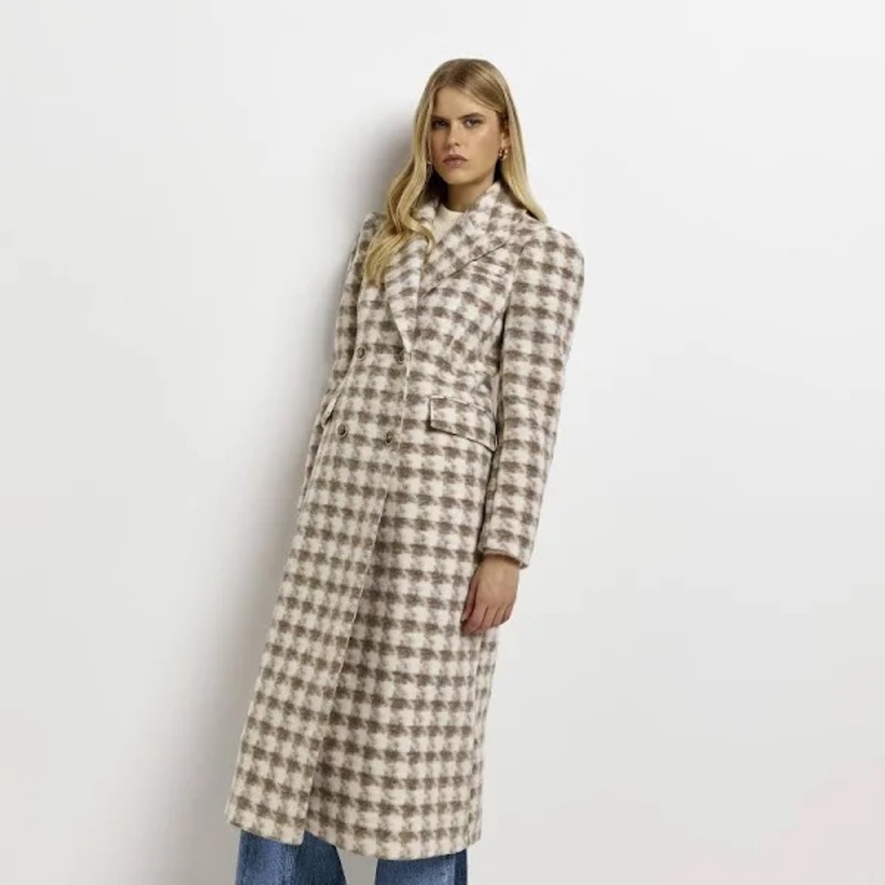 River Island Cream Dogtooth Longline Coat Size 2 NWOT